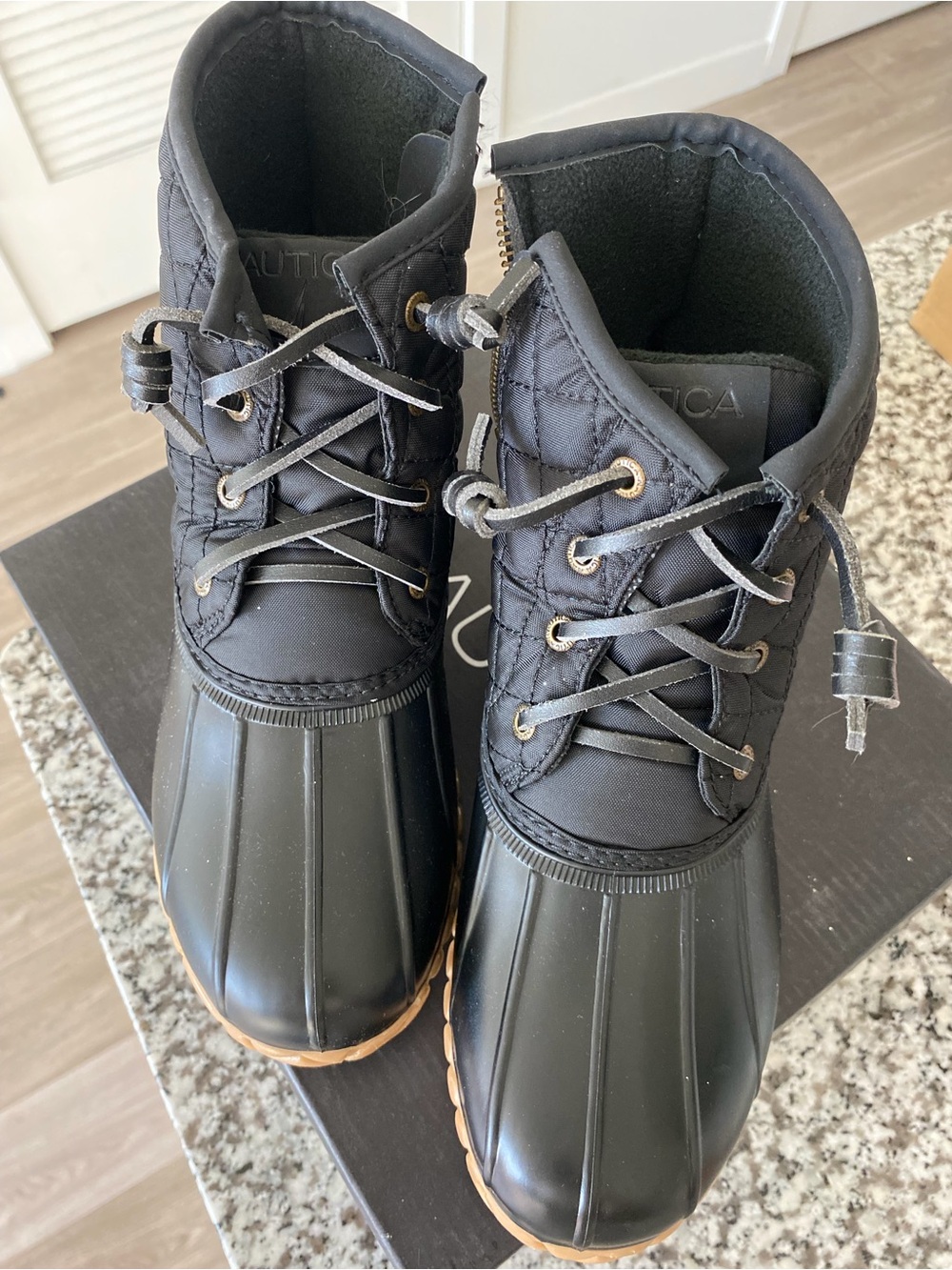 Nautica Black Quilted Lace-Up Duck Boots with Tan Sole